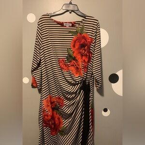 Shelby & Palmer Black & White Striped Midi Dress with Red Floral Print